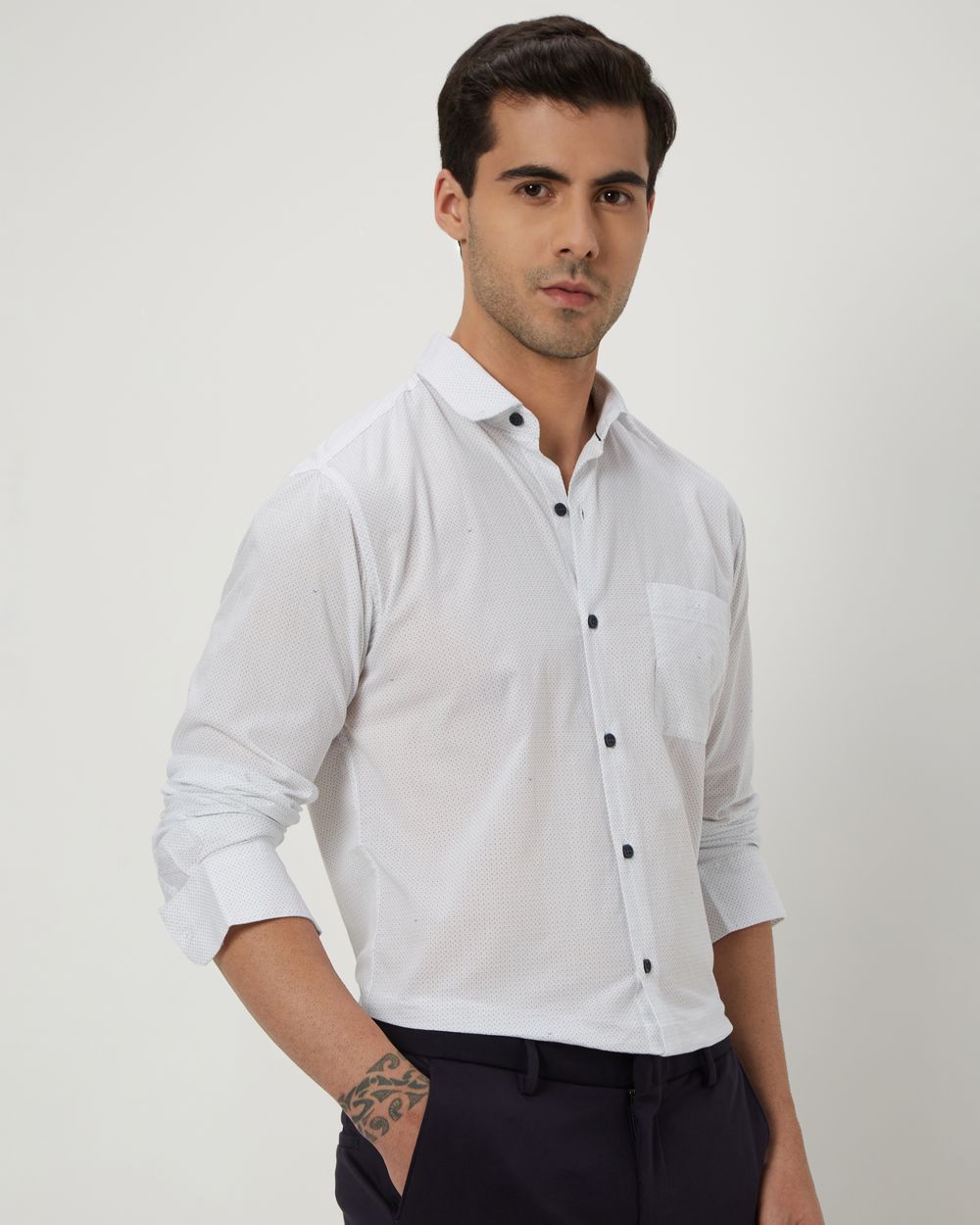 White Micro Print Slim Fit Casual Shirt