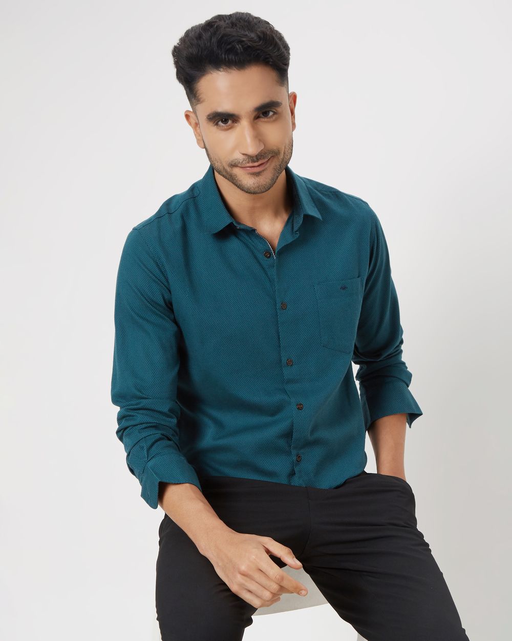 Buy Teal Textured Plain Shirt Online at Muftijeans