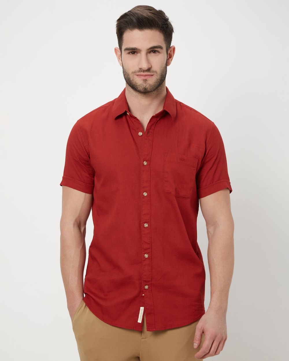 Buy Red Textured Plain Dobby Shirt Online at Muftijeans