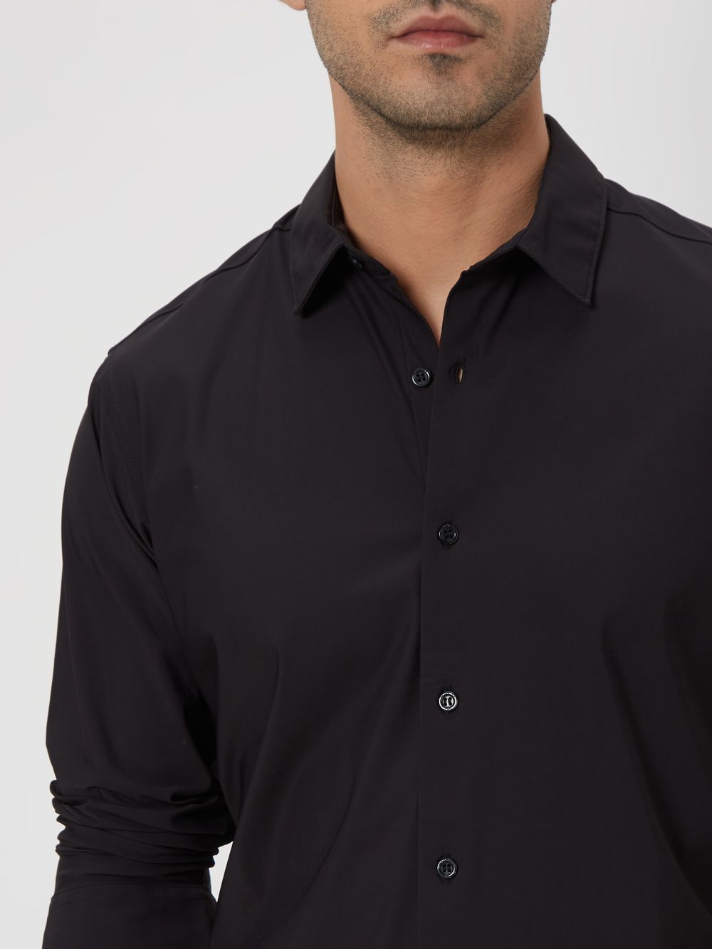 Black Knitted Plain Stretch Shirt