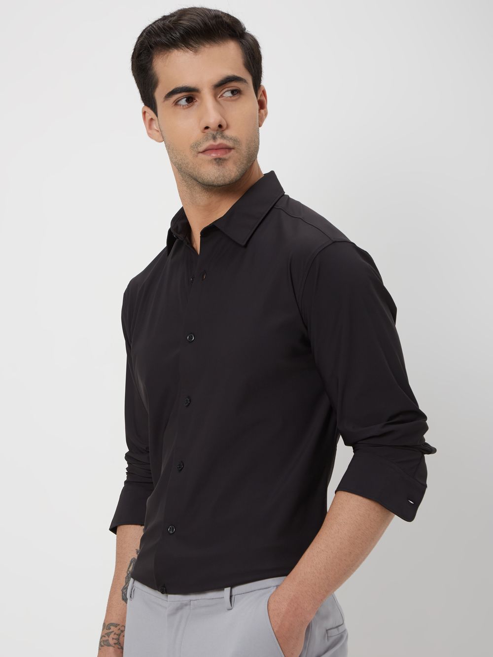 Black Knitted Plain Stretch Shirt
