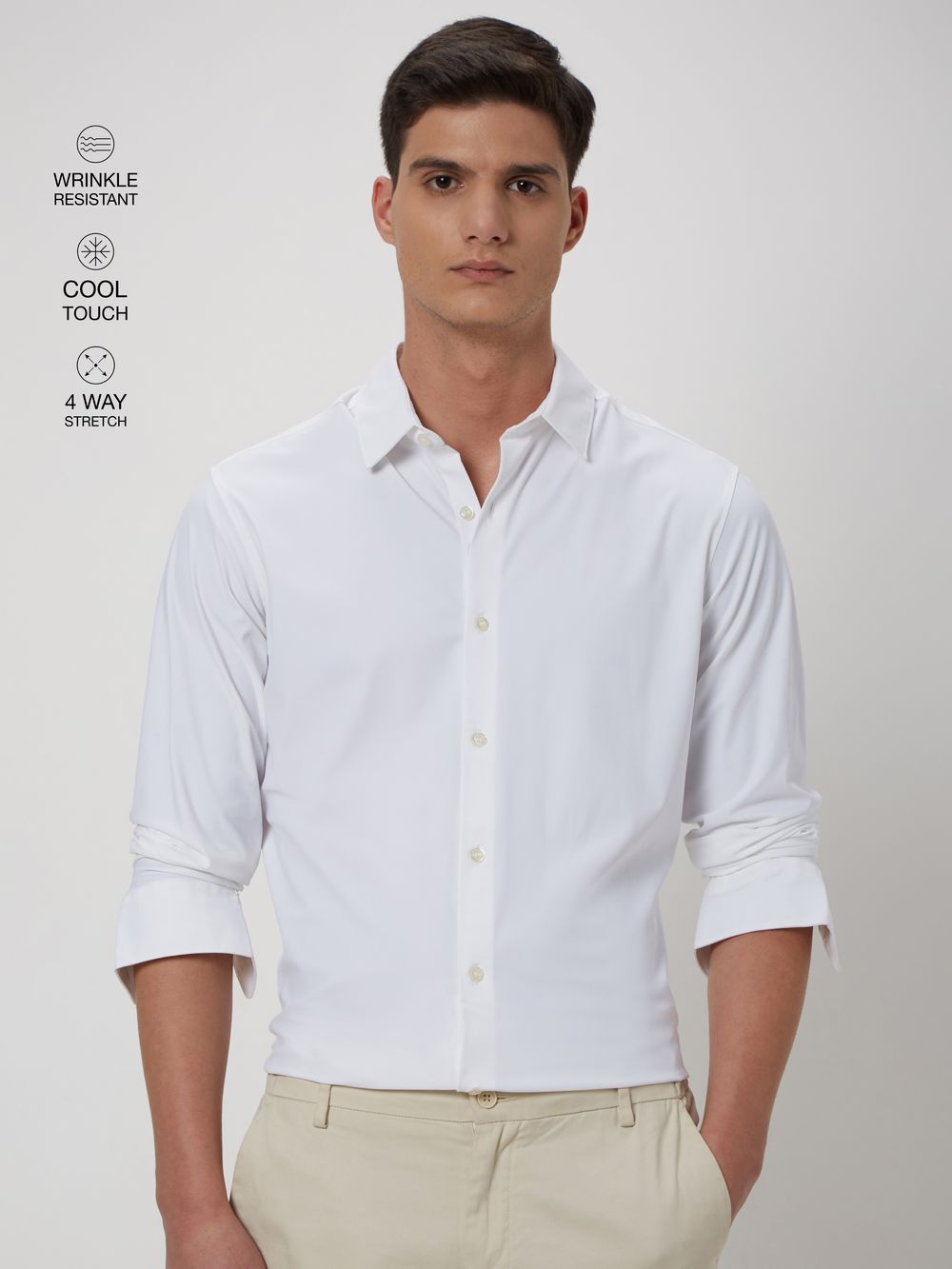 White Knitted Plain Stretch Shirt