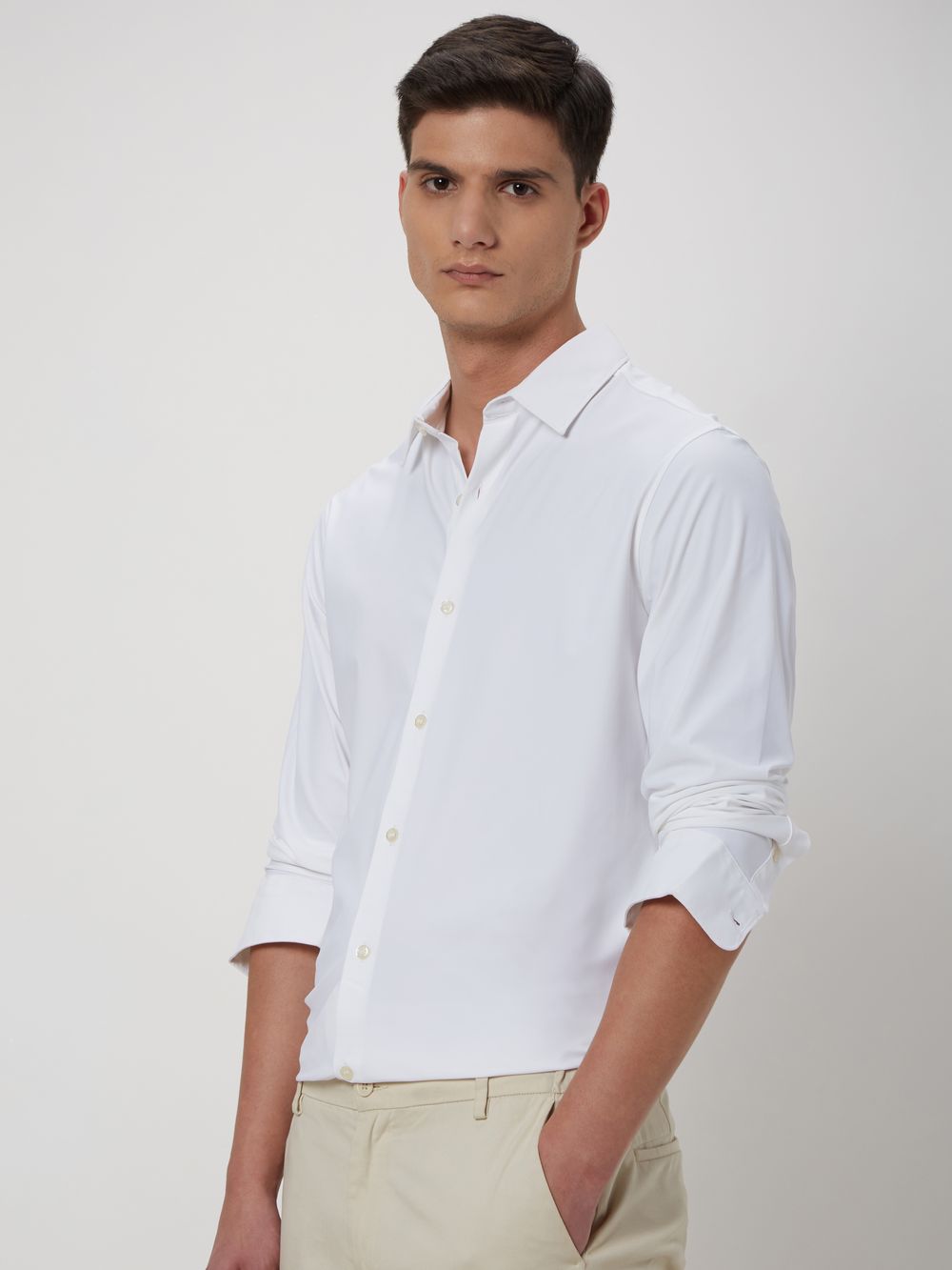 White Knitted Plain Stretch Shirt