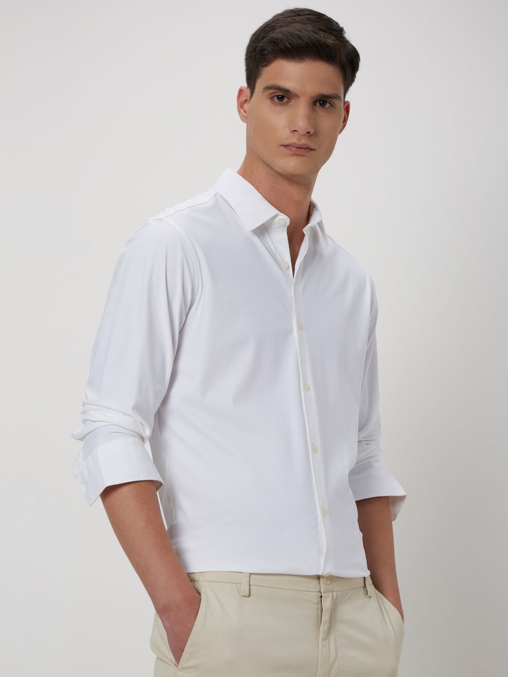 White Knitted Plain Stretch Shirt