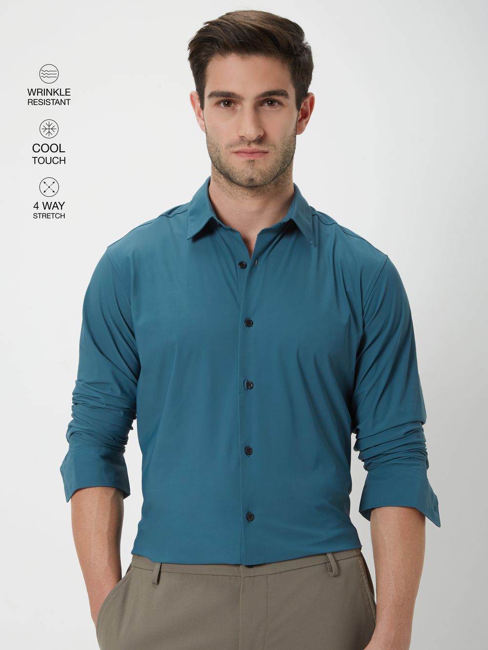 Green Knitted Plain Stretch Shirt