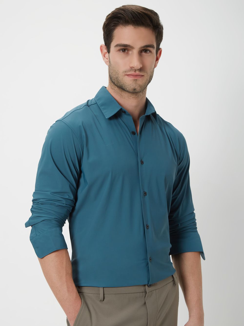 Green Knitted Plain Stretch Shirt