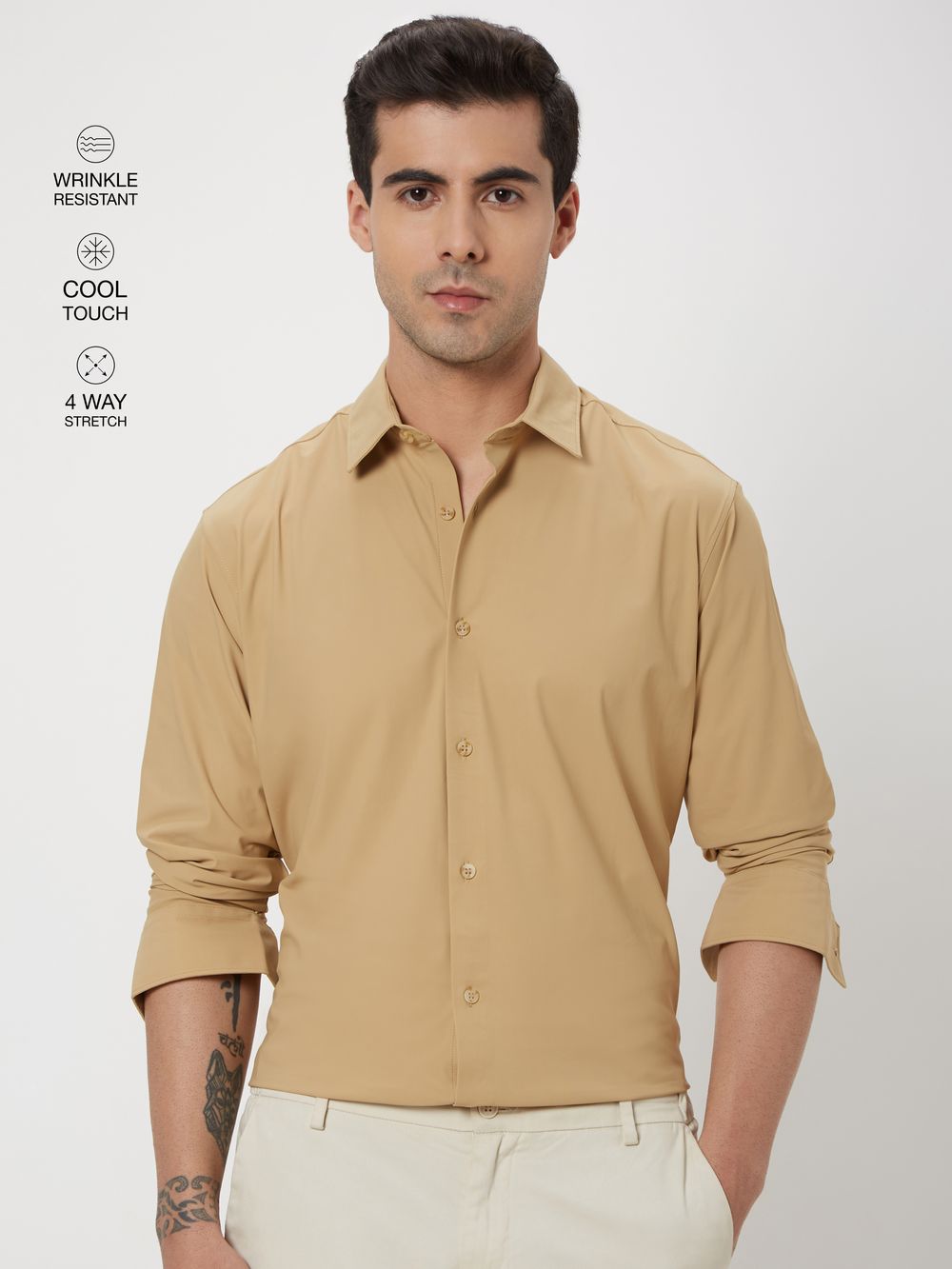 Beige Knitted Plain Stretch Shirt