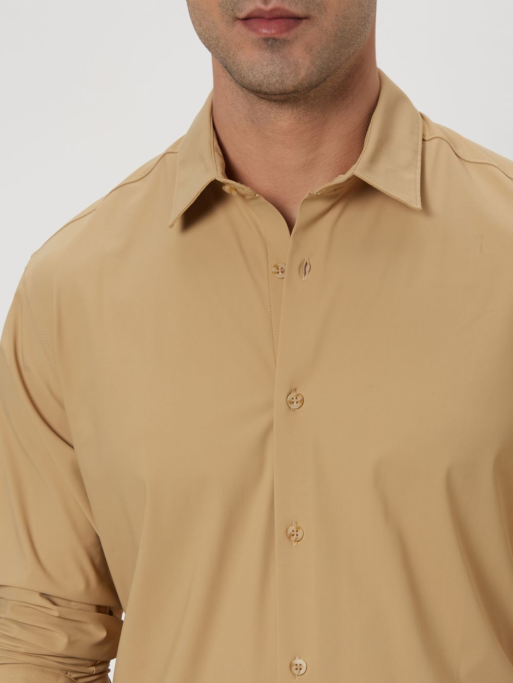 Beige Knitted Plain Stretch Shirt