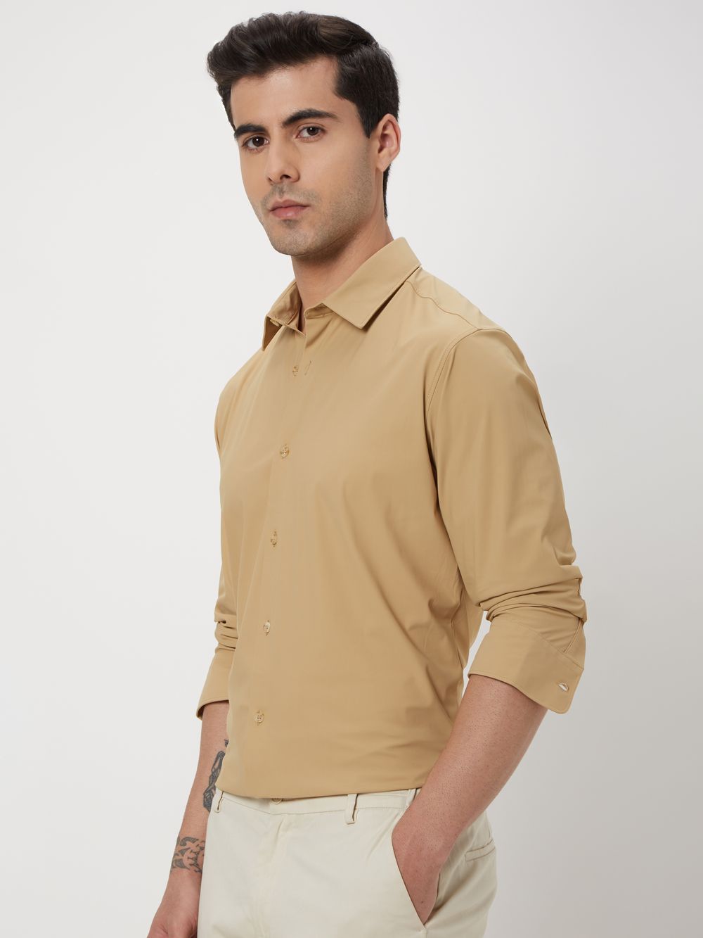 Beige Knitted Plain Stretch Shirt