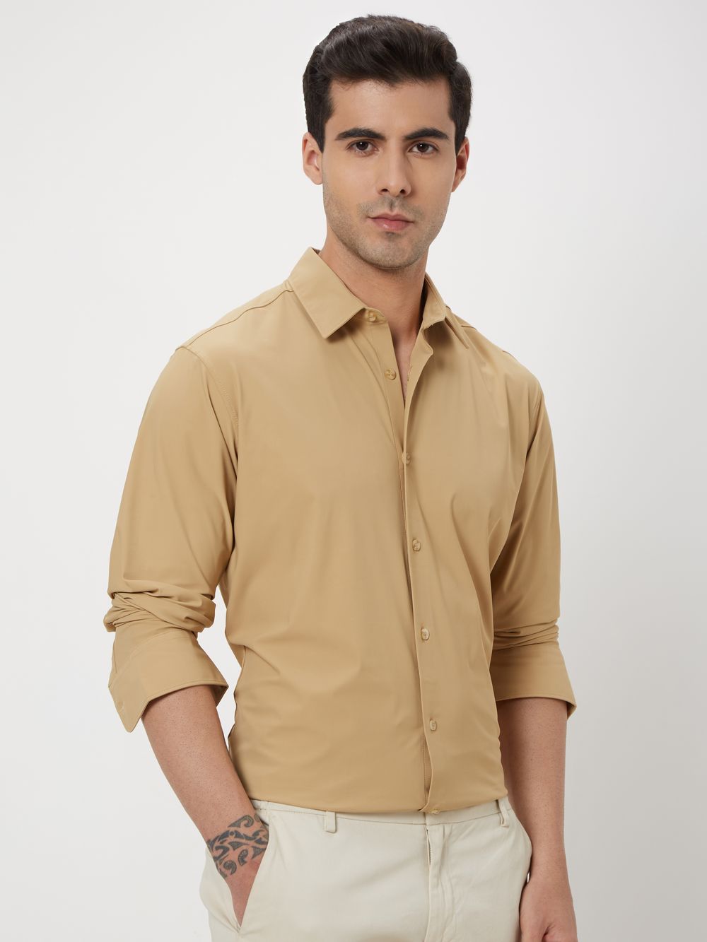 Beige Knitted Plain Stretch Shirt