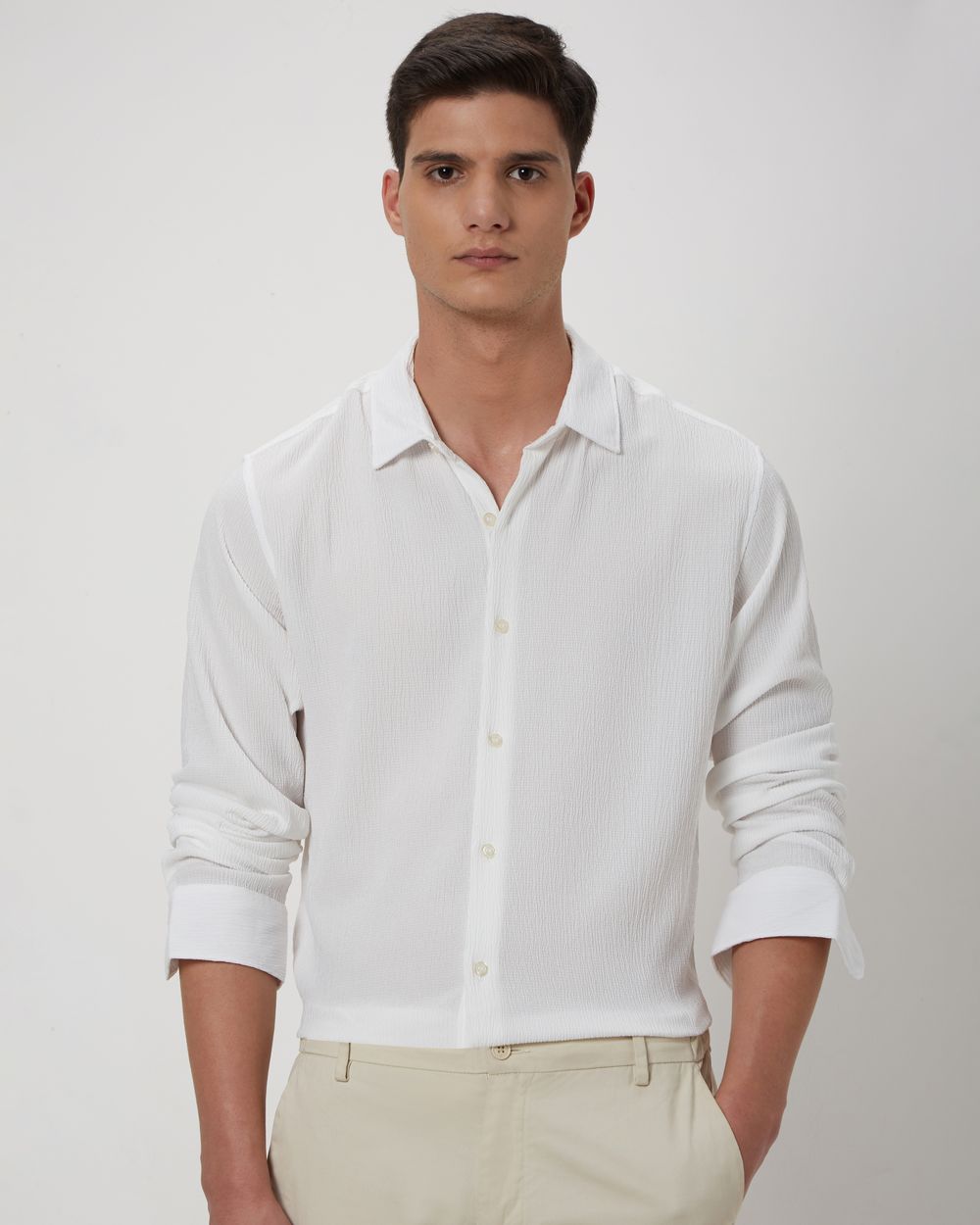White Textured Plain Stretch Shirt