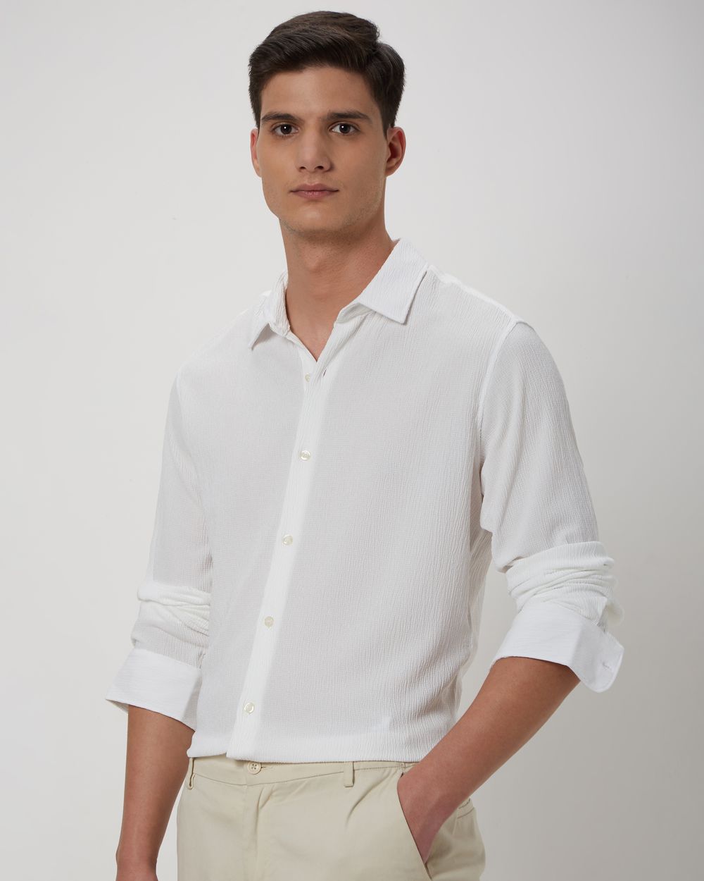 White Textured Plain Stretch Shirt