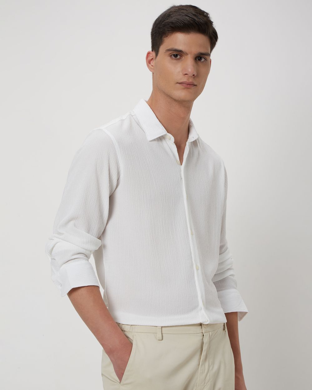 White Textured Plain Stretch Shirt