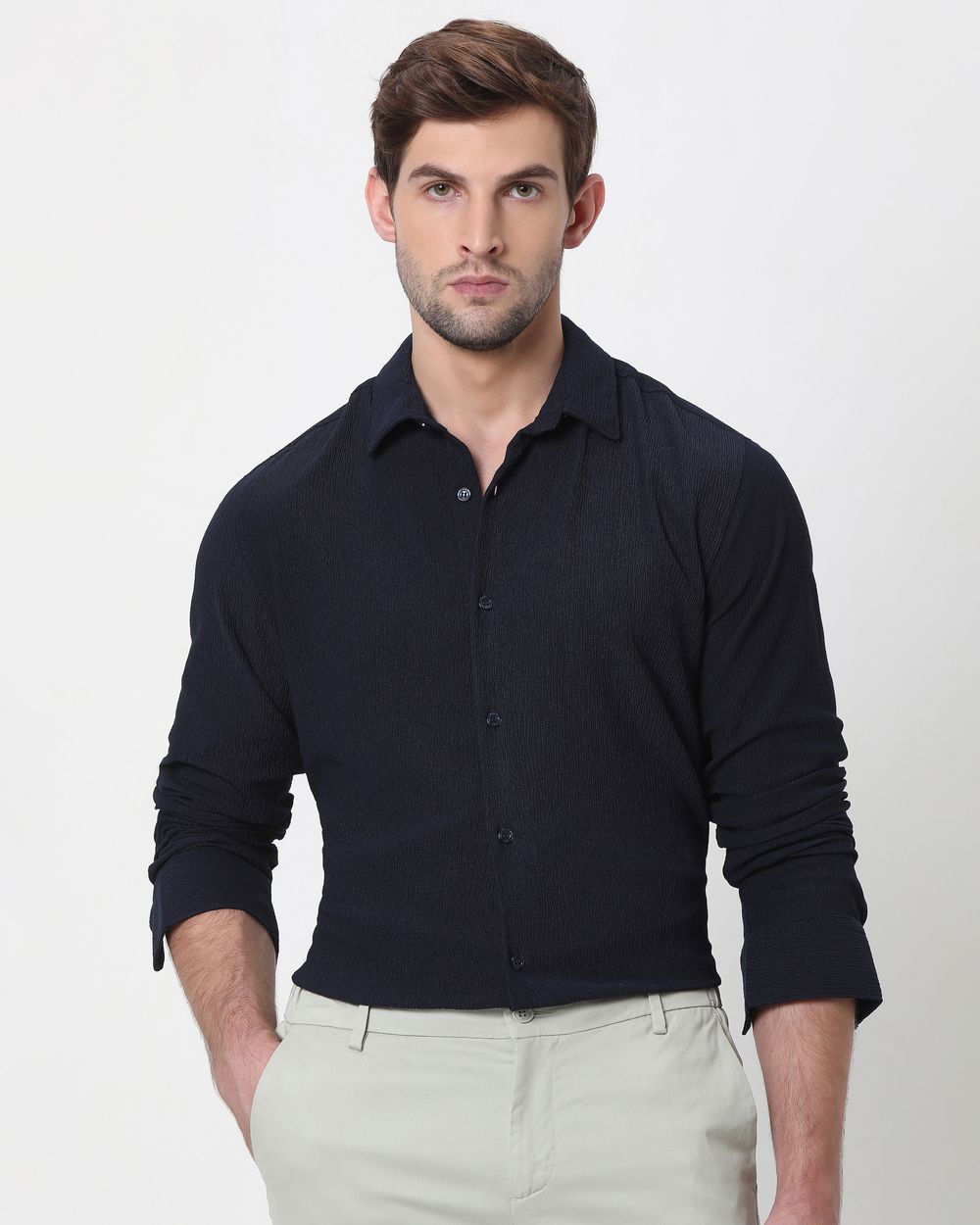 Navy Textured Plain Shirt