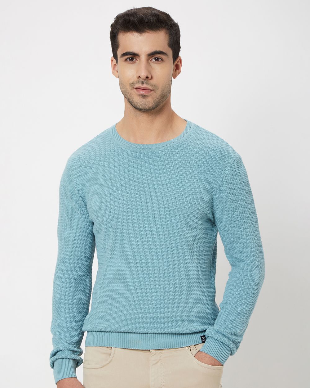 Buy Light Blue Textured Slim Fit Sweater Online at Muftijeans