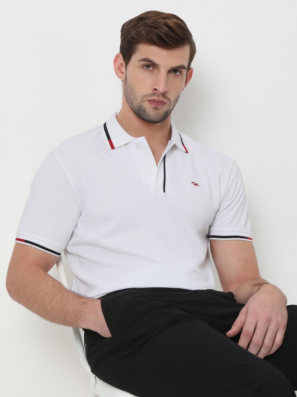 White & Red Tipped Collar Pique T-Shirt