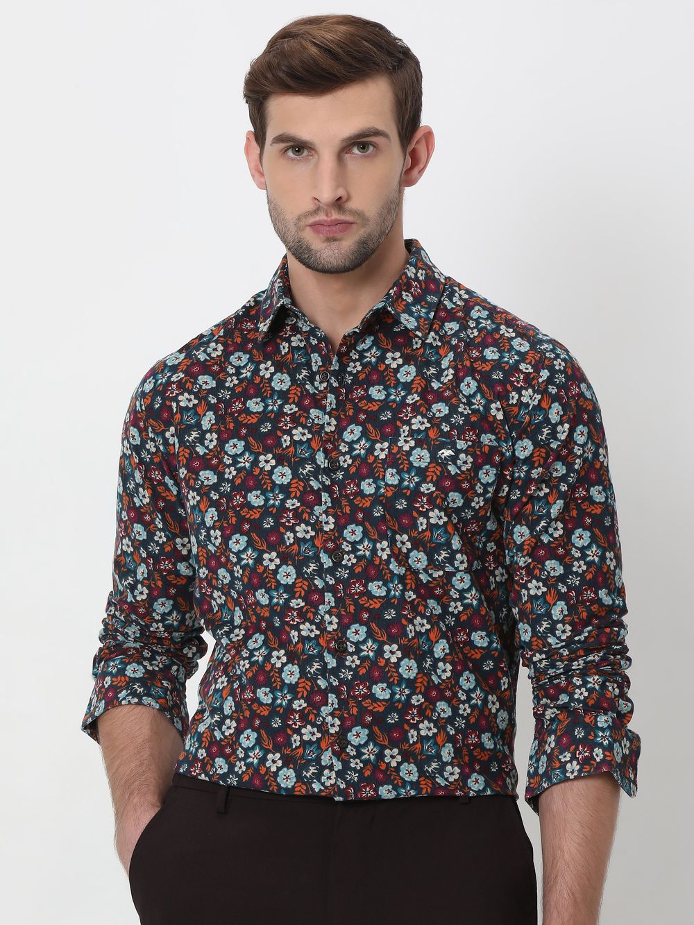 Teal & Multi Floral Print Corduroy Shirt