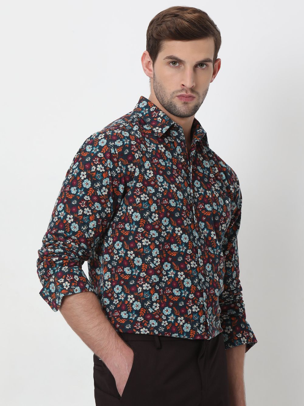 Teal & Multi Floral Print Corduroy Shirt