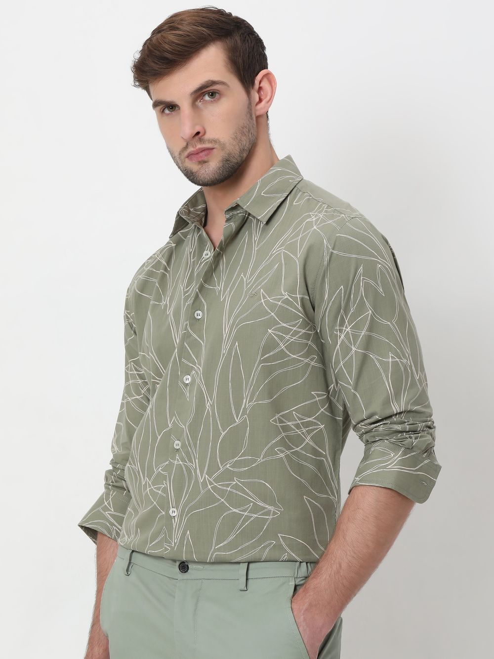 Light Olive & White Floral Print Slub Shirt