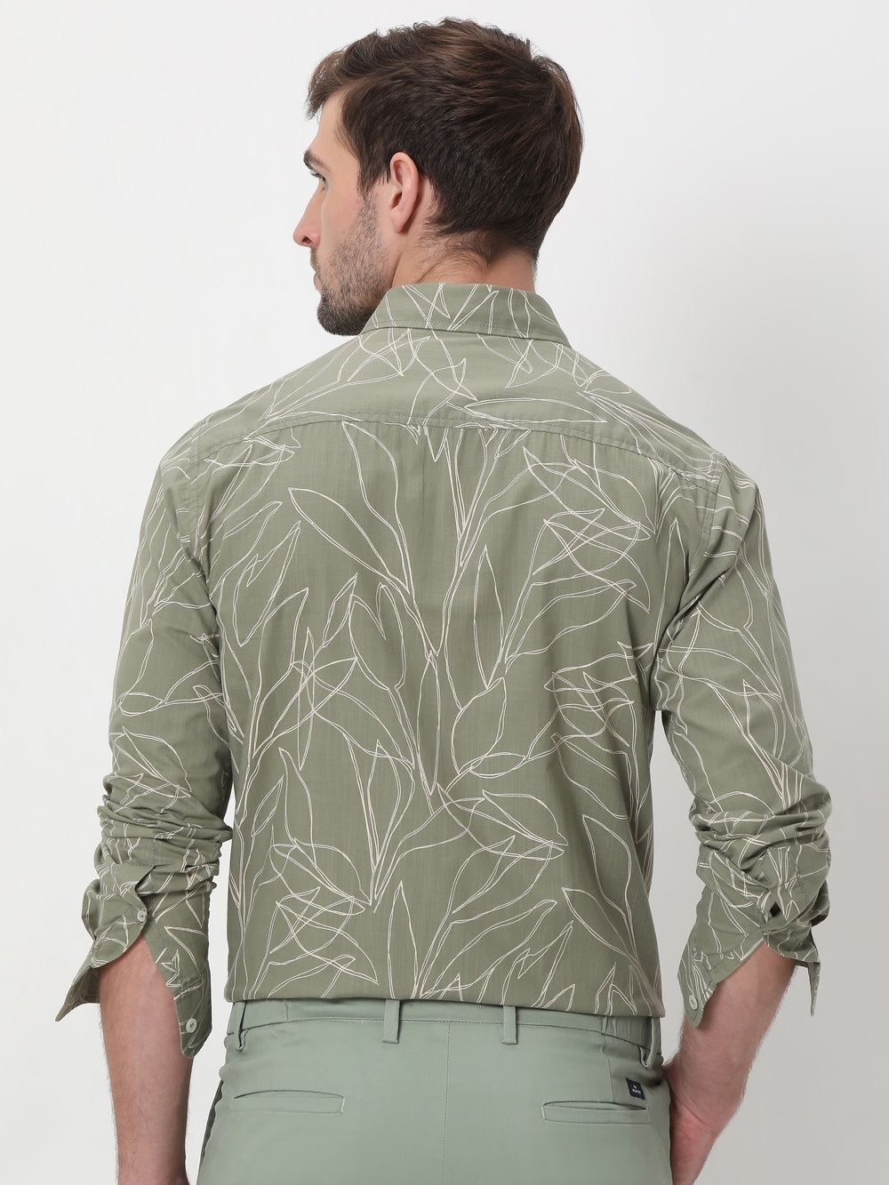 Light Olive & White Floral Print Slub Shirt