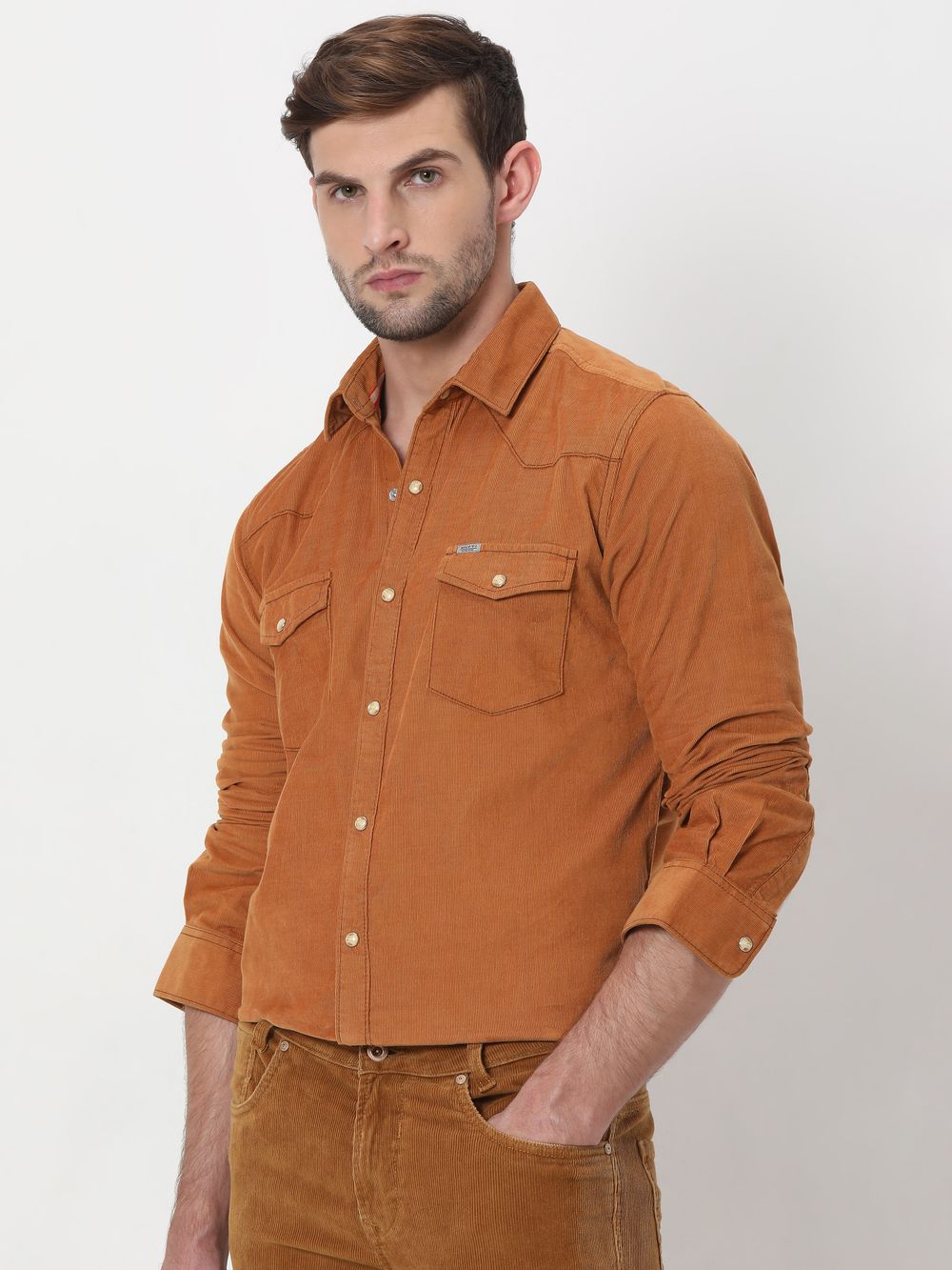 Mustard Textured Plain Corduroy Shirt