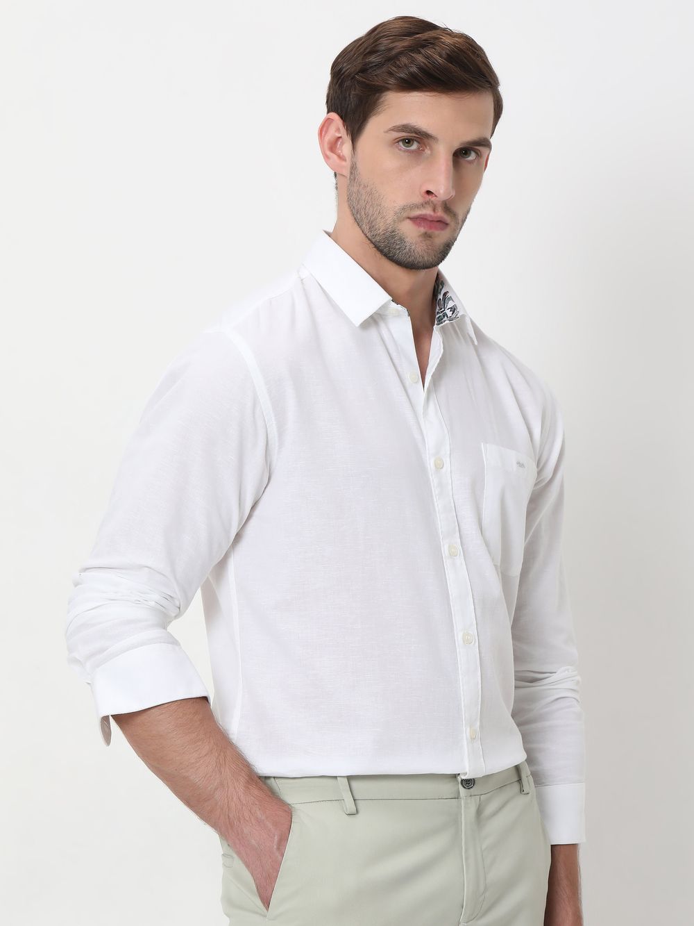 White Cotton Linen Plain Shirt