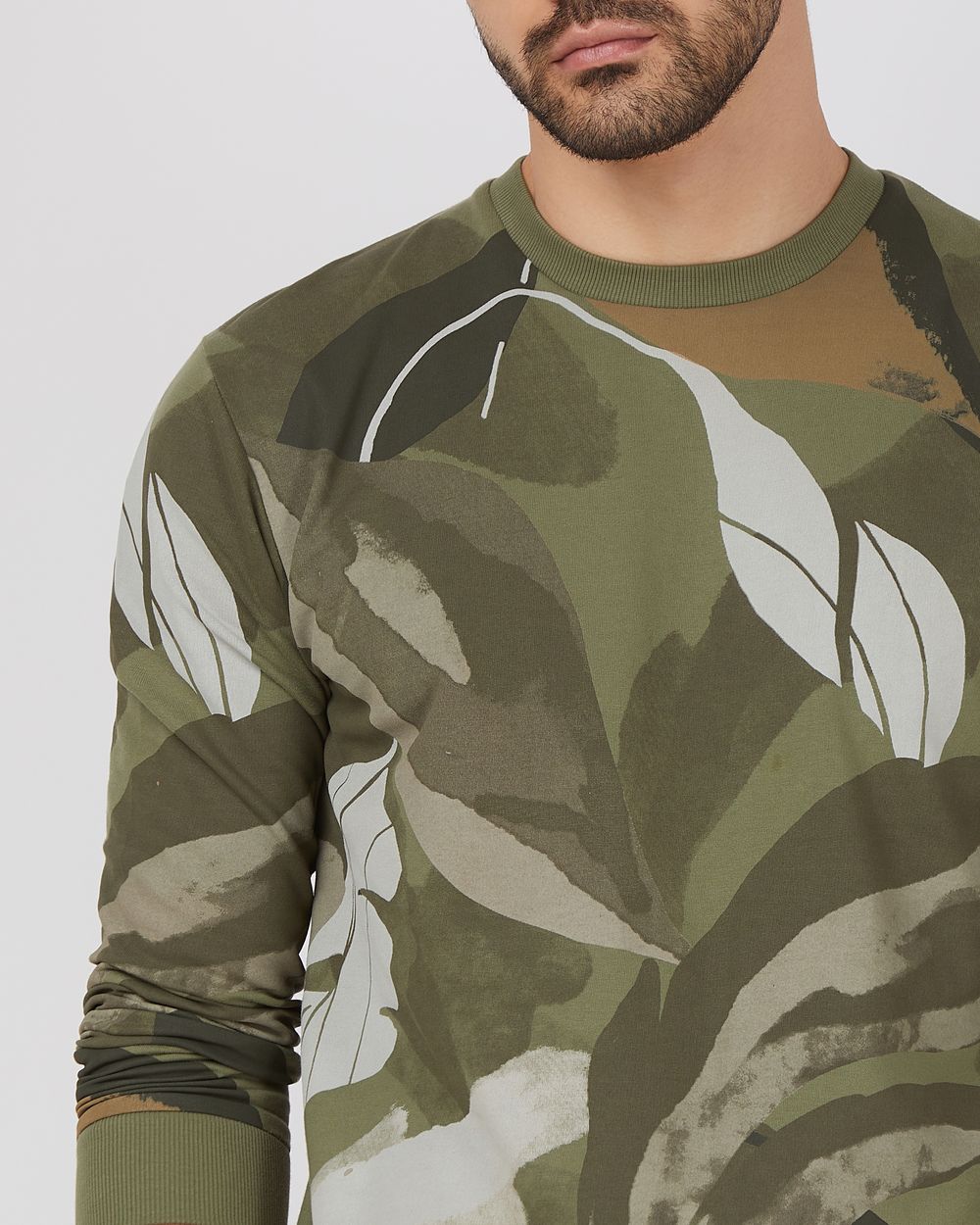 Olive Leaf Print Slim Fit Sweatshirt