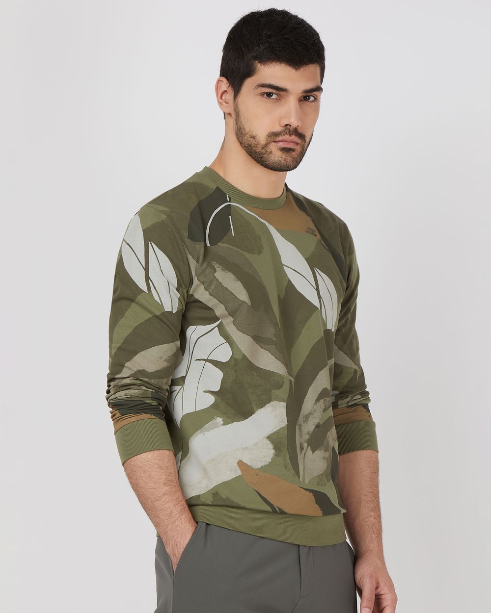 Olive Leaf Print Slim Fit Sweatshirt