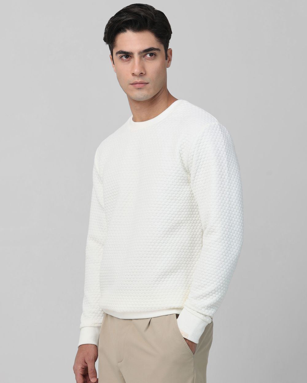 White Textured Slim Fit Sweatshirt