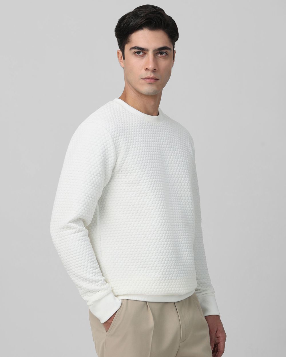 White Textured Slim Fit Sweatshirt
