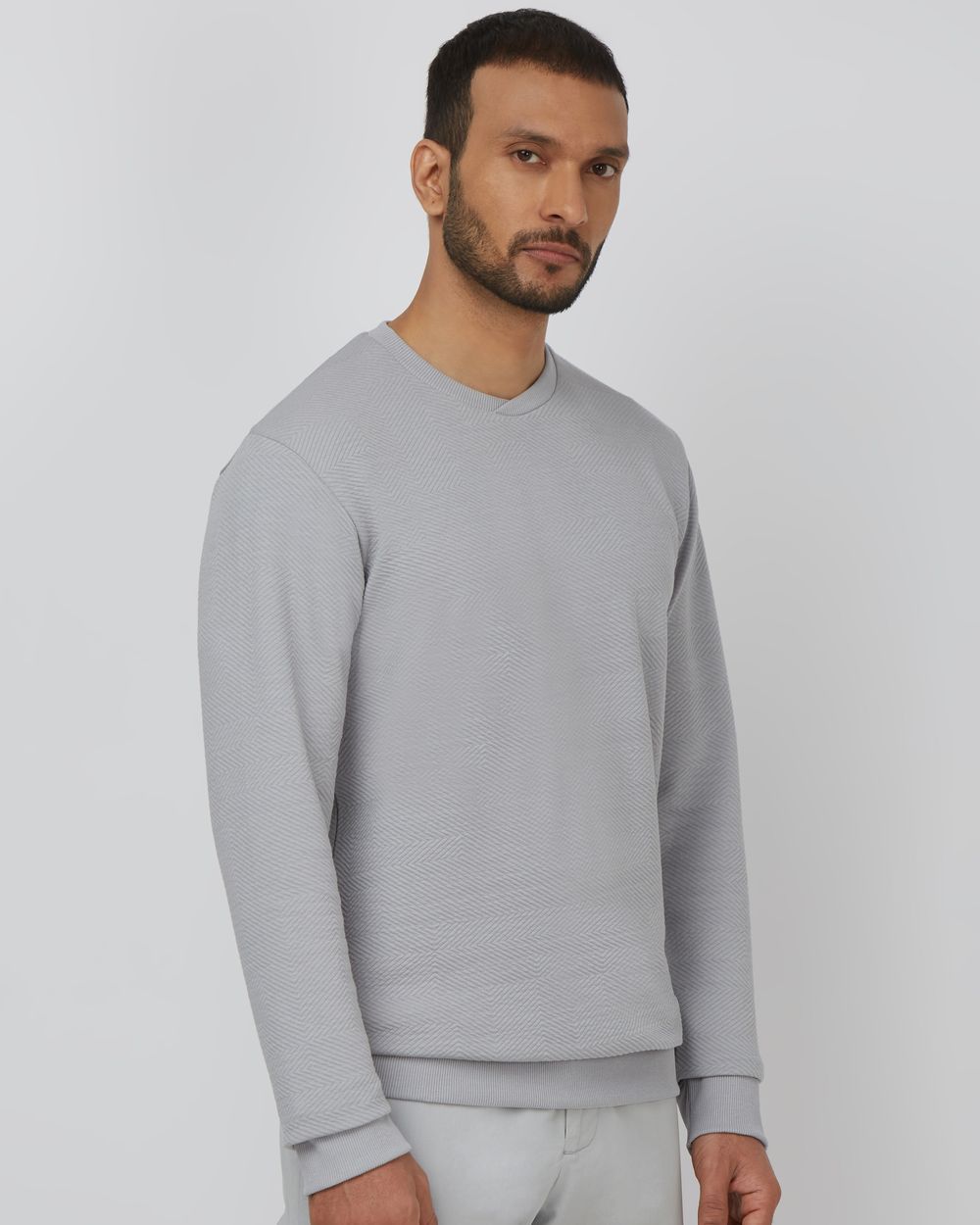 Light Grey Textured Plain Slim Fit T-Shirt