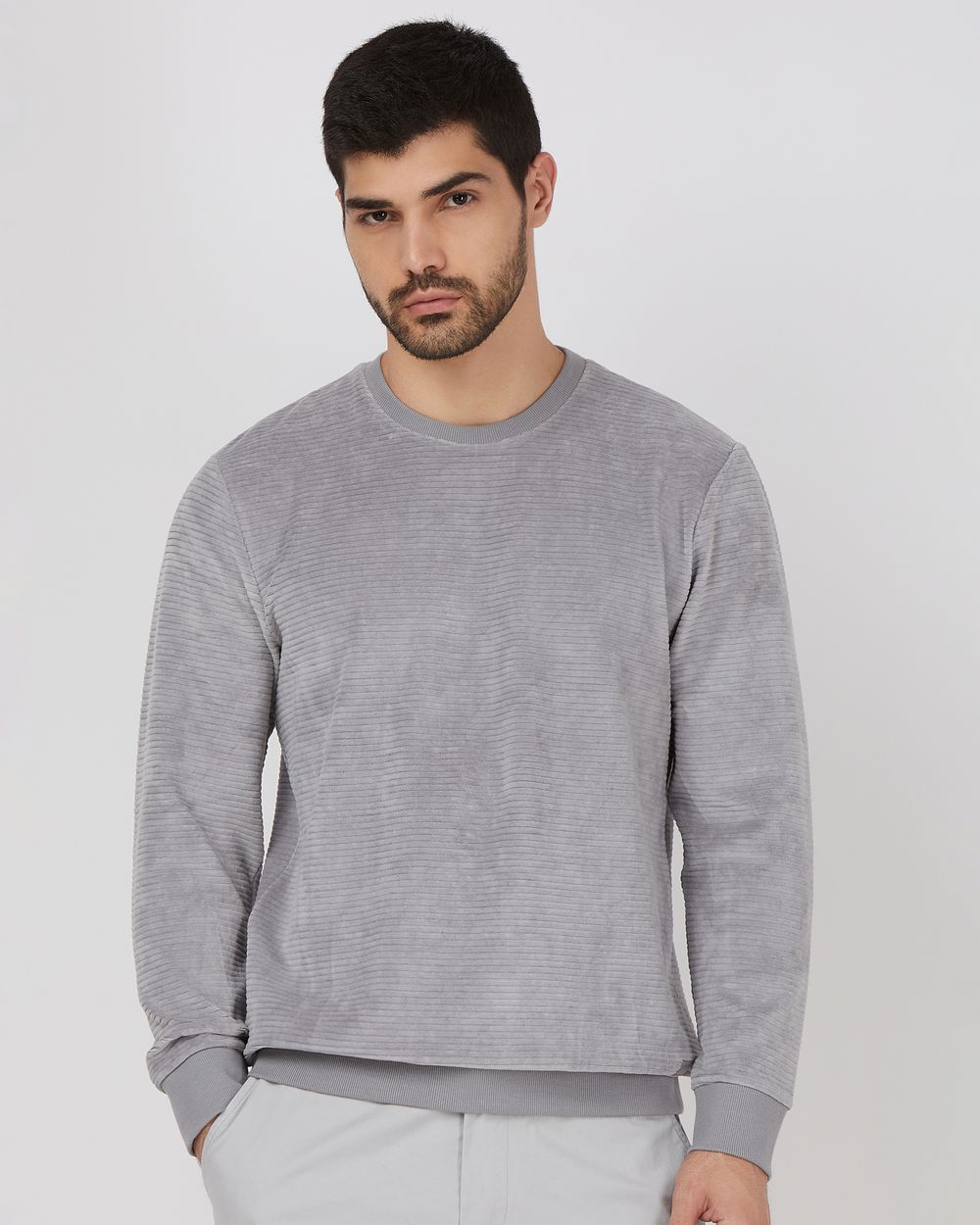 Light Grey Velvet Slim Fit Sweatshirt