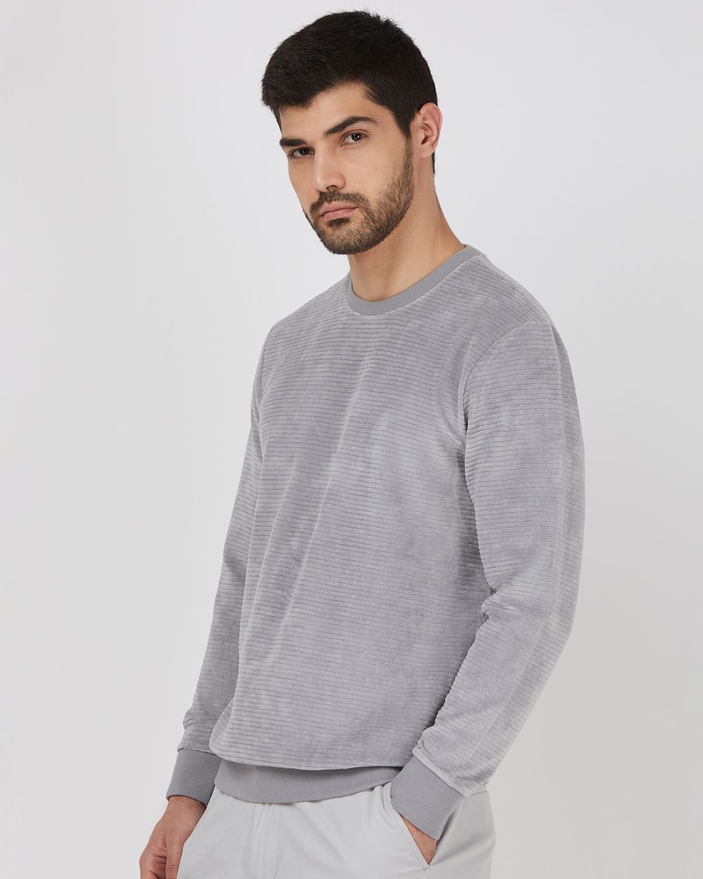 Light Grey Velvet Slim Fit Sweatshirt