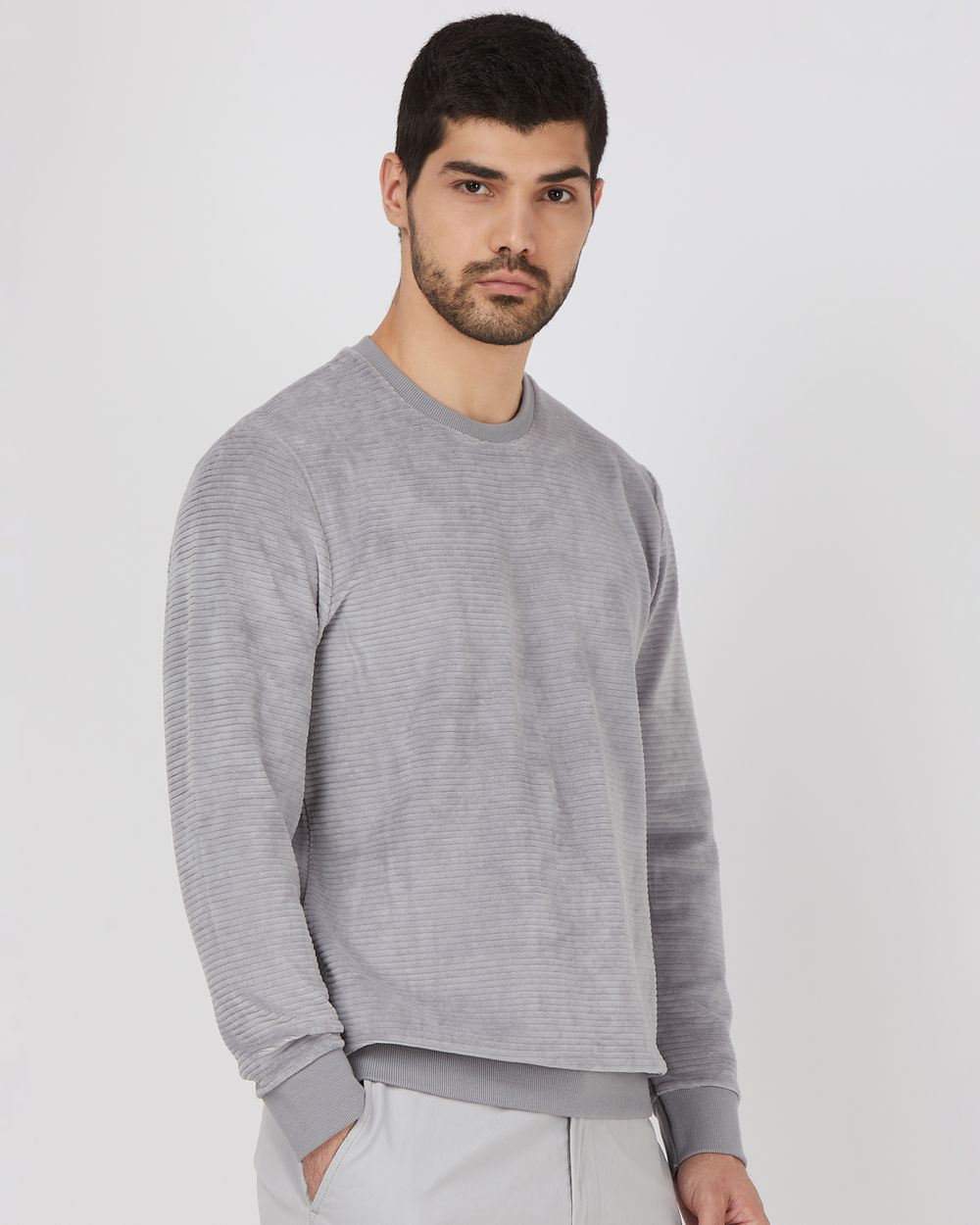 Light Grey Velvet Slim Fit Sweatshirt