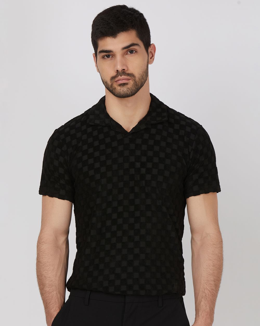 Black Terry-Towel Jacquard Slim Fit Jacquard Polo