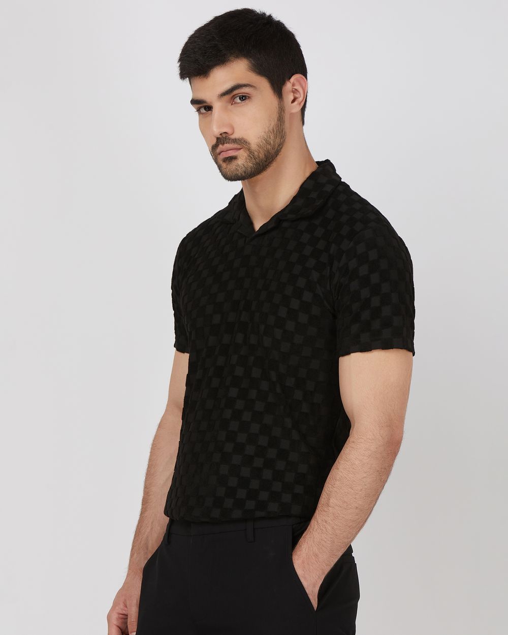 Black Terry-Towel Jacquard Slim Fit Jacquard Polo
