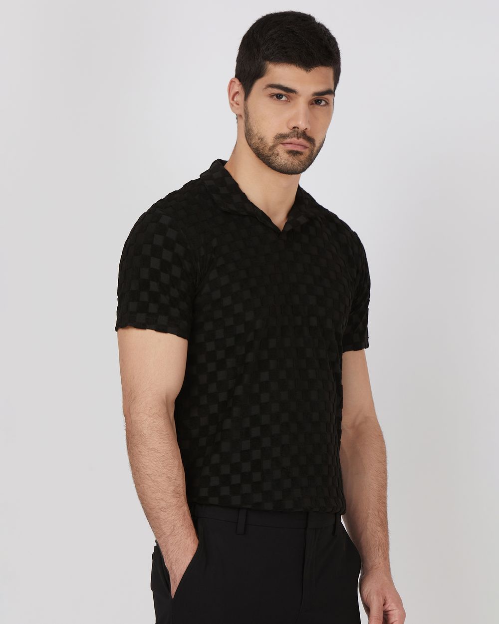Black Terry-Towel Jacquard Slim Fit Jacquard Polo