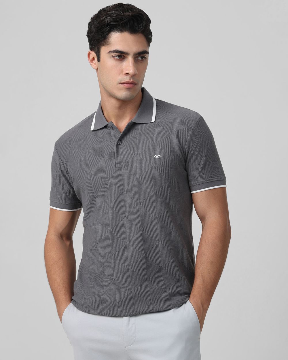 Grey Textured Plain Half Sleeve Casual T-Shirt