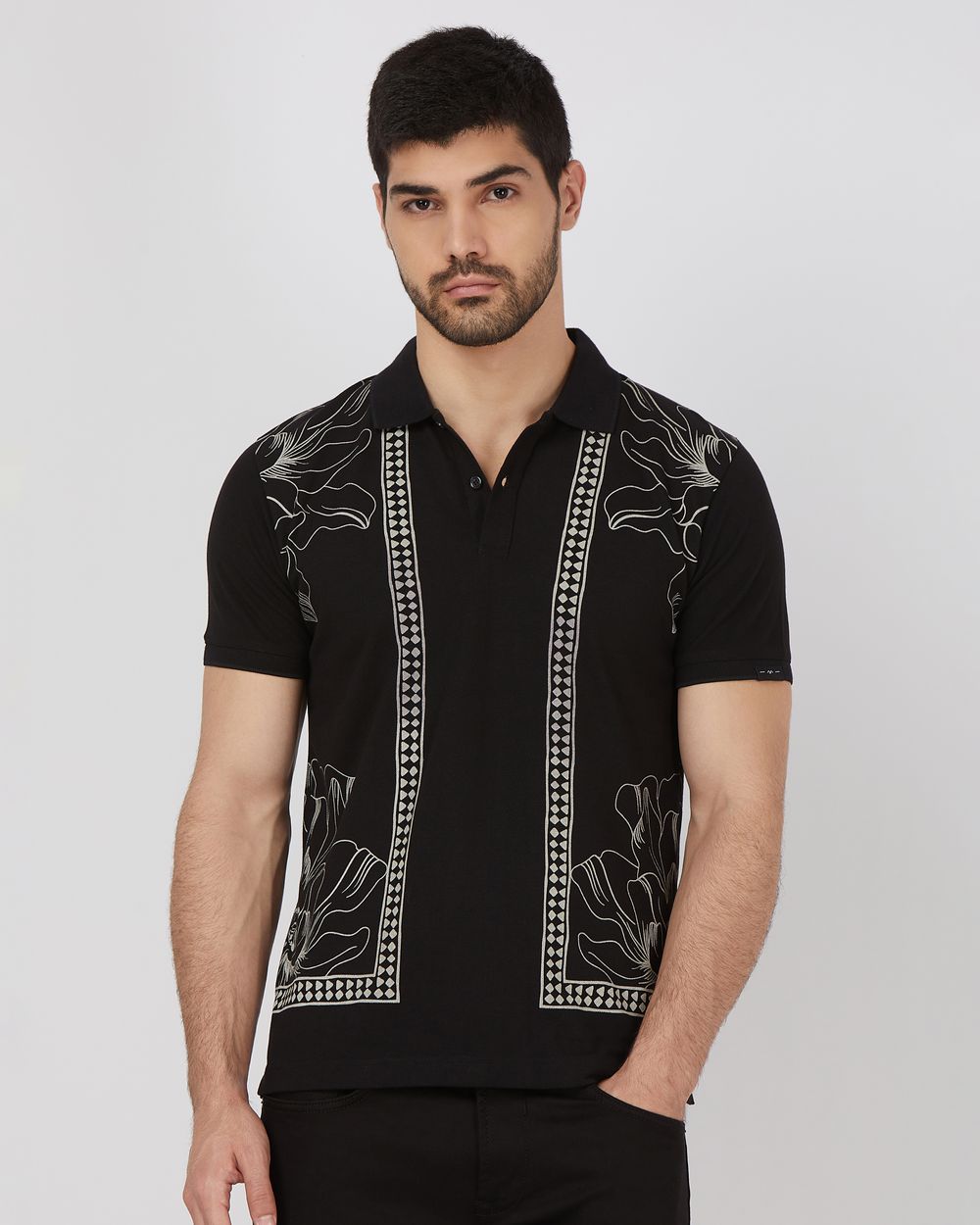 Black Border Print Slim Fit Pique Polo