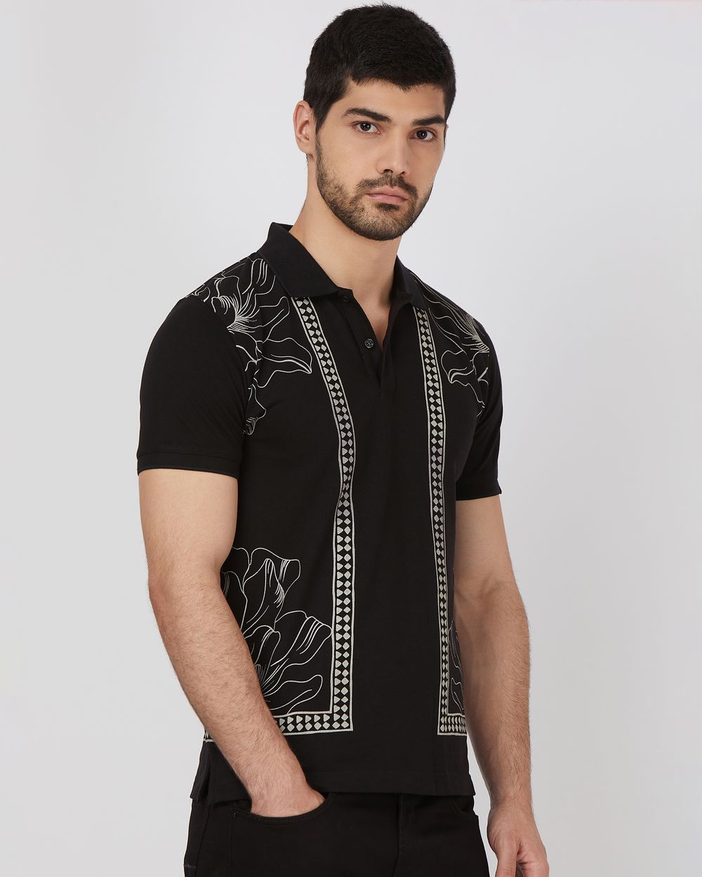 Black Border Print Slim Fit Pique Polo