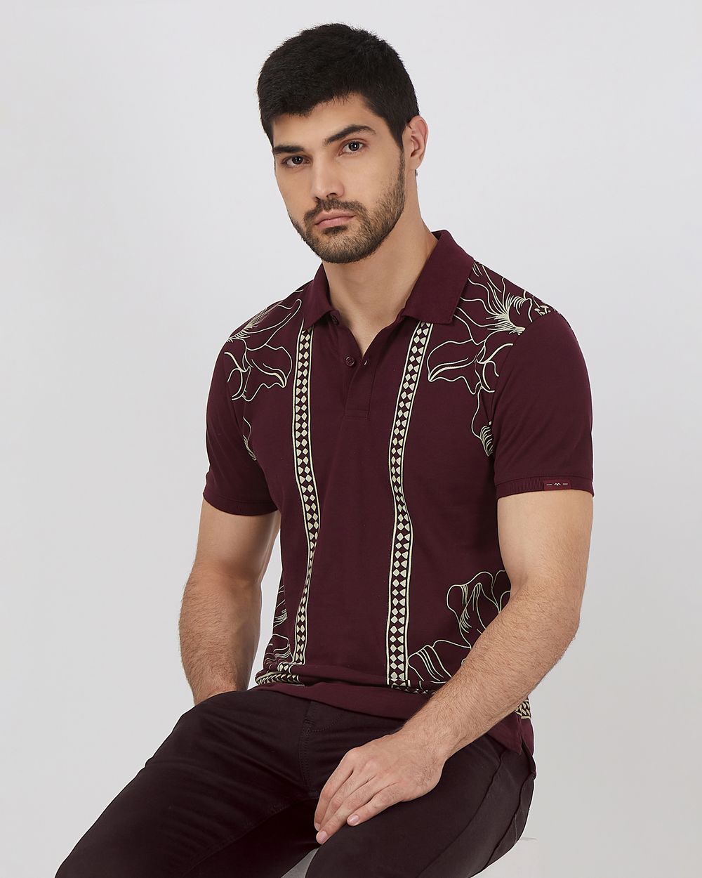 Maroon Border Print Slim Fit Pique Polo