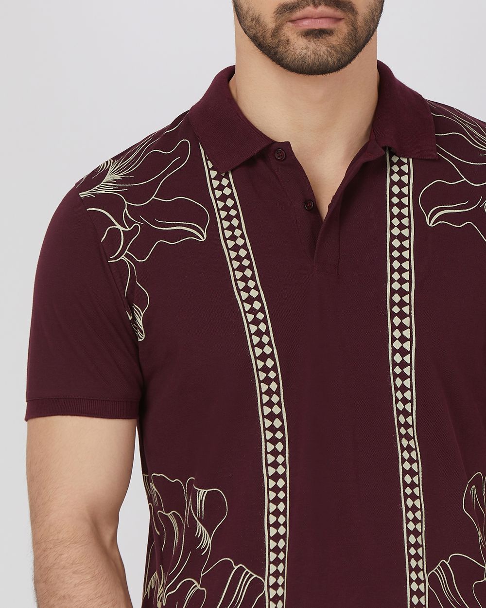 Maroon Border Print Slim Fit Pique Polo