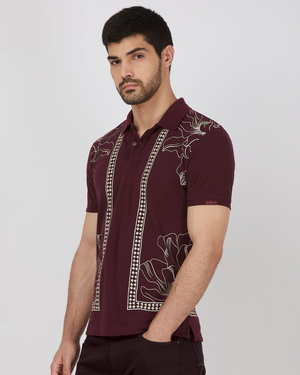 Maroon Border Print Slim Fit Pique Polo