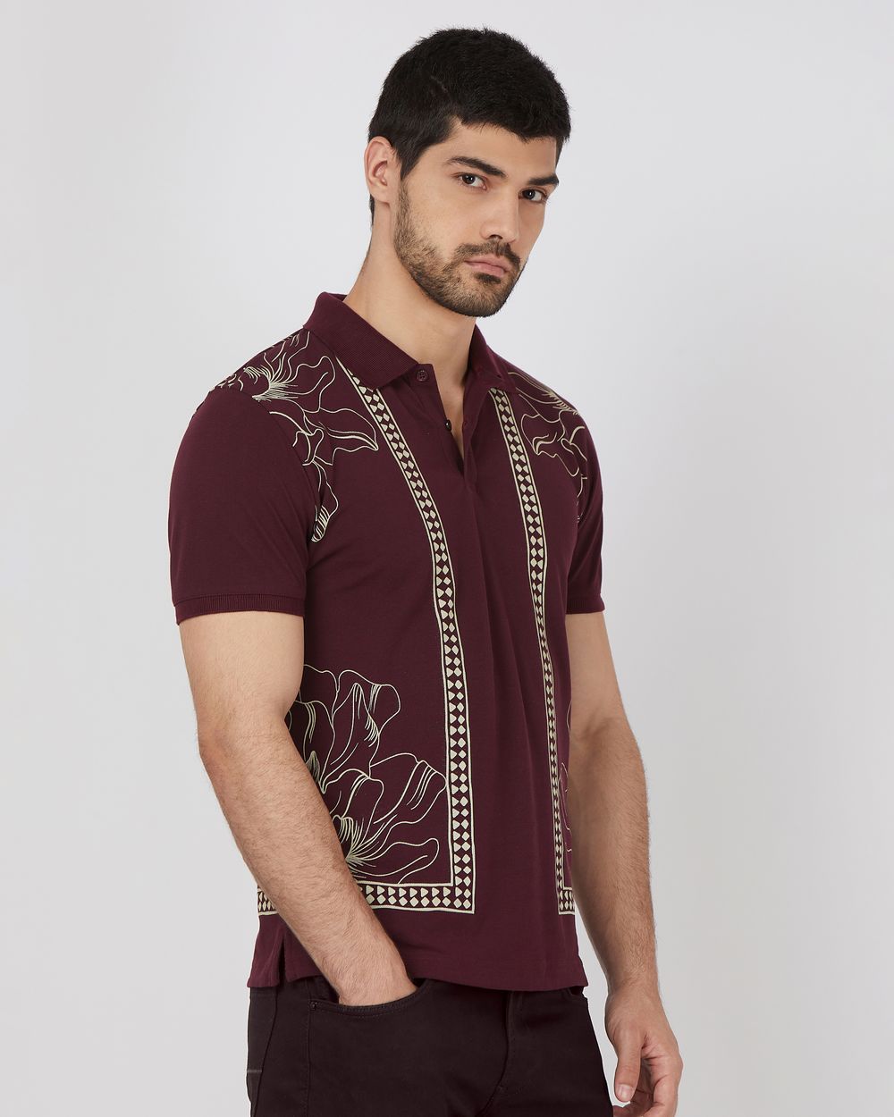 Maroon Border Print Slim Fit Pique Polo