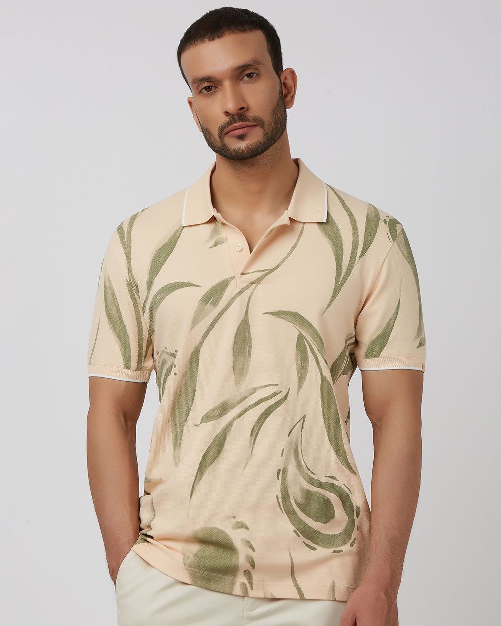 Beige Leaf Print Slim Fit Polo