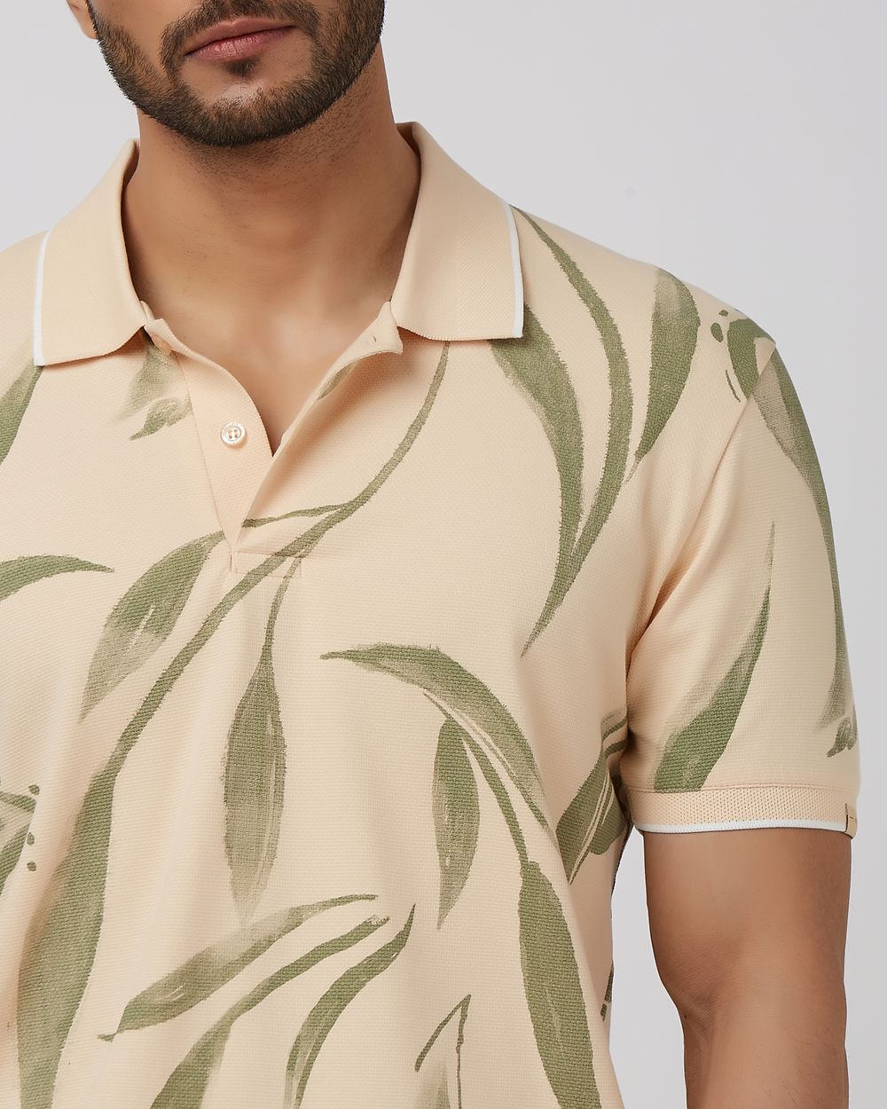 Beige Leaf Print Slim Fit Polo