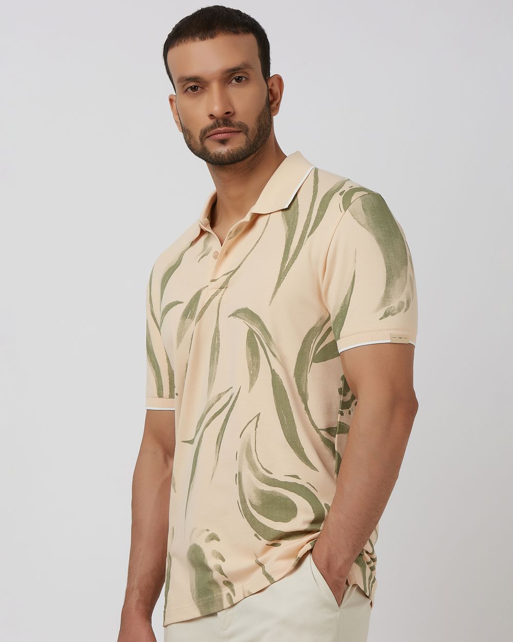 Beige Leaf Print Slim Fit Polo