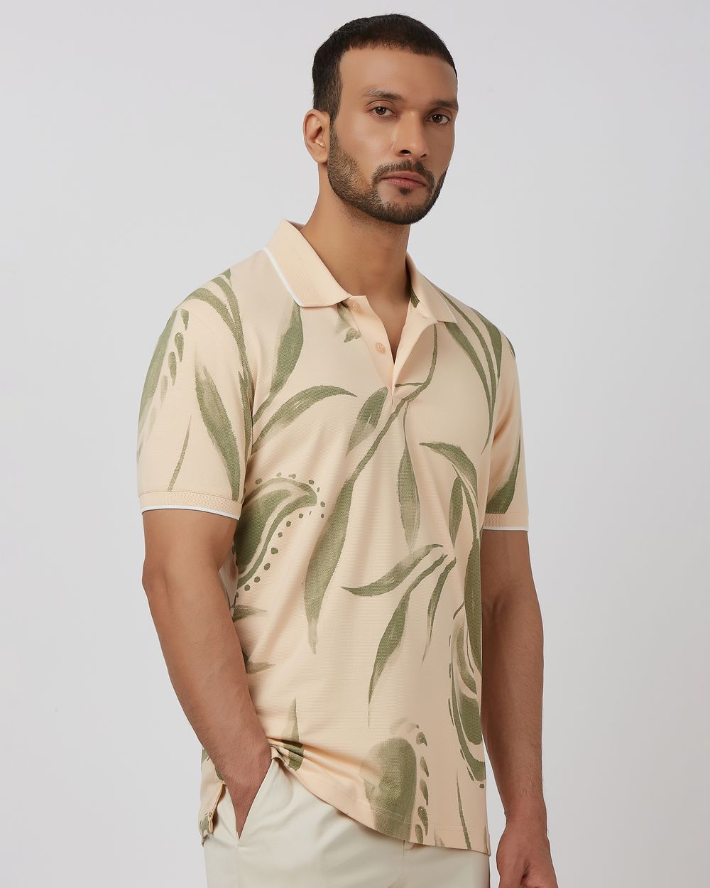 Beige Leaf Print Slim Fit Polo