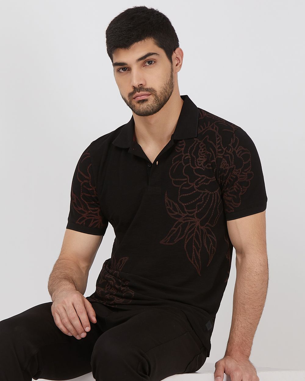 Black Floral Print Slim Fit Slub Pique Polo