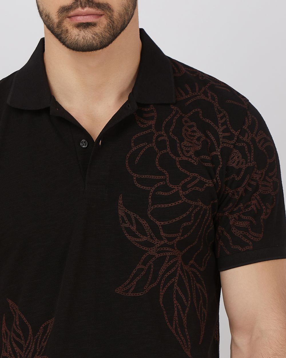 Black Floral Print Slim Fit Slub Pique Polo